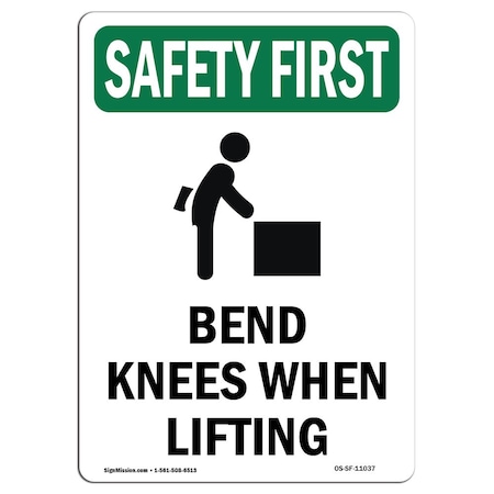 OSHA SAFETY FIRST Sign, Bend Knees When Lifting W/ Symbol, 5in X 3.5in Decal, 10PK